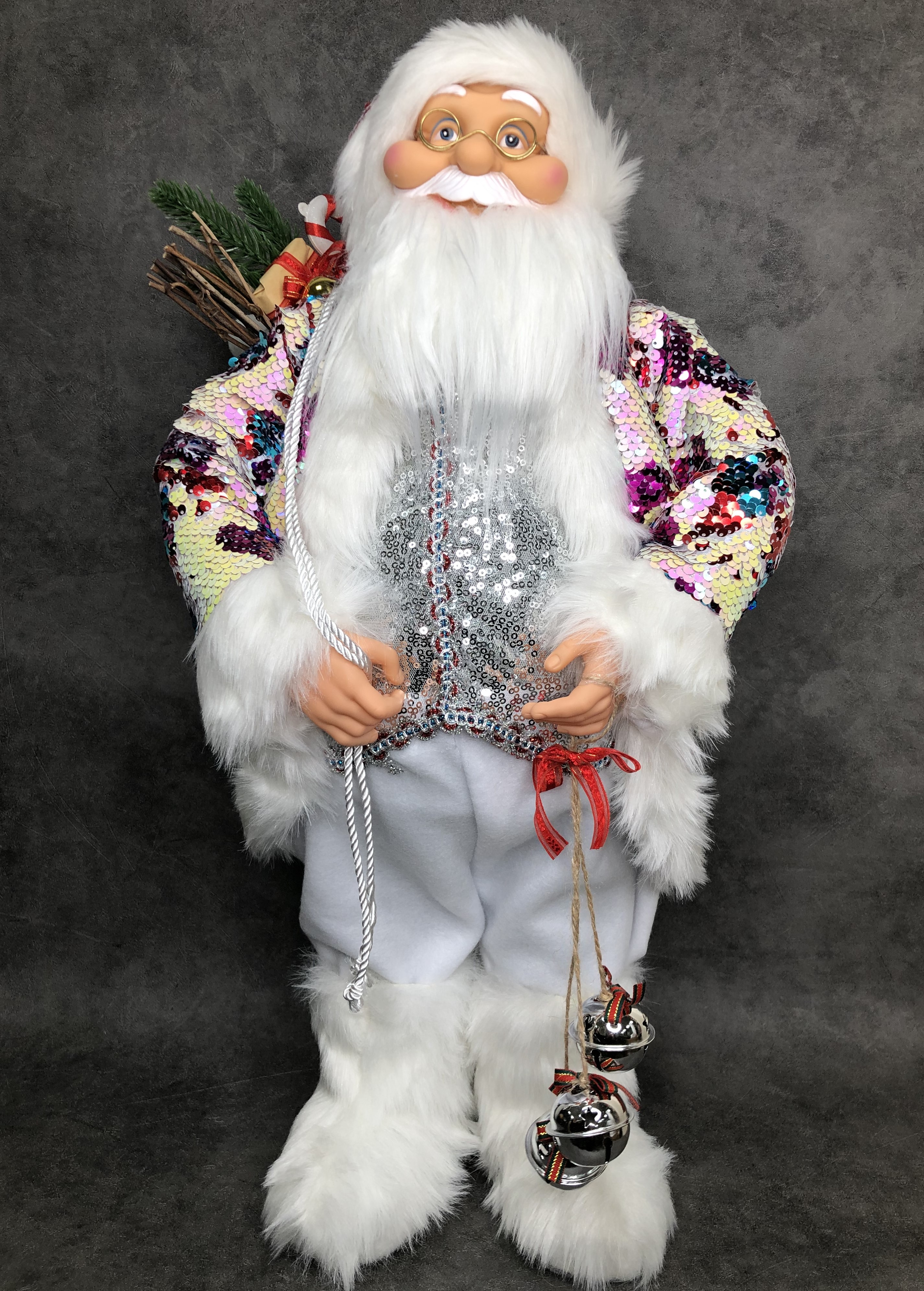 Фигура "Дед Мороз с колокольчиками"цветная шубка(сердечки/пайетки) 60см(12)