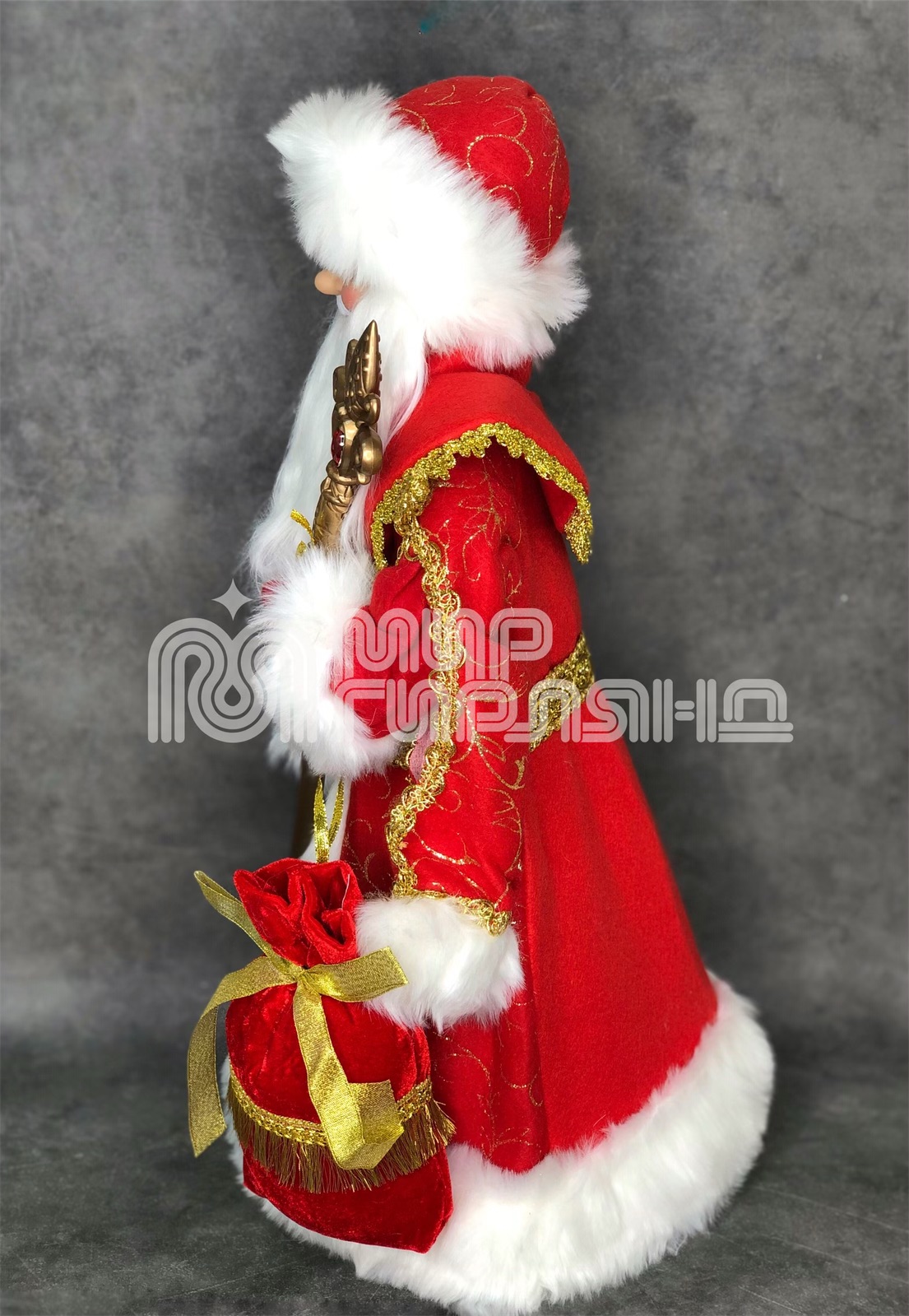 Конфетница муз. "Дед Мороз с мешком", 50см, крас-зол. наряд(24)
