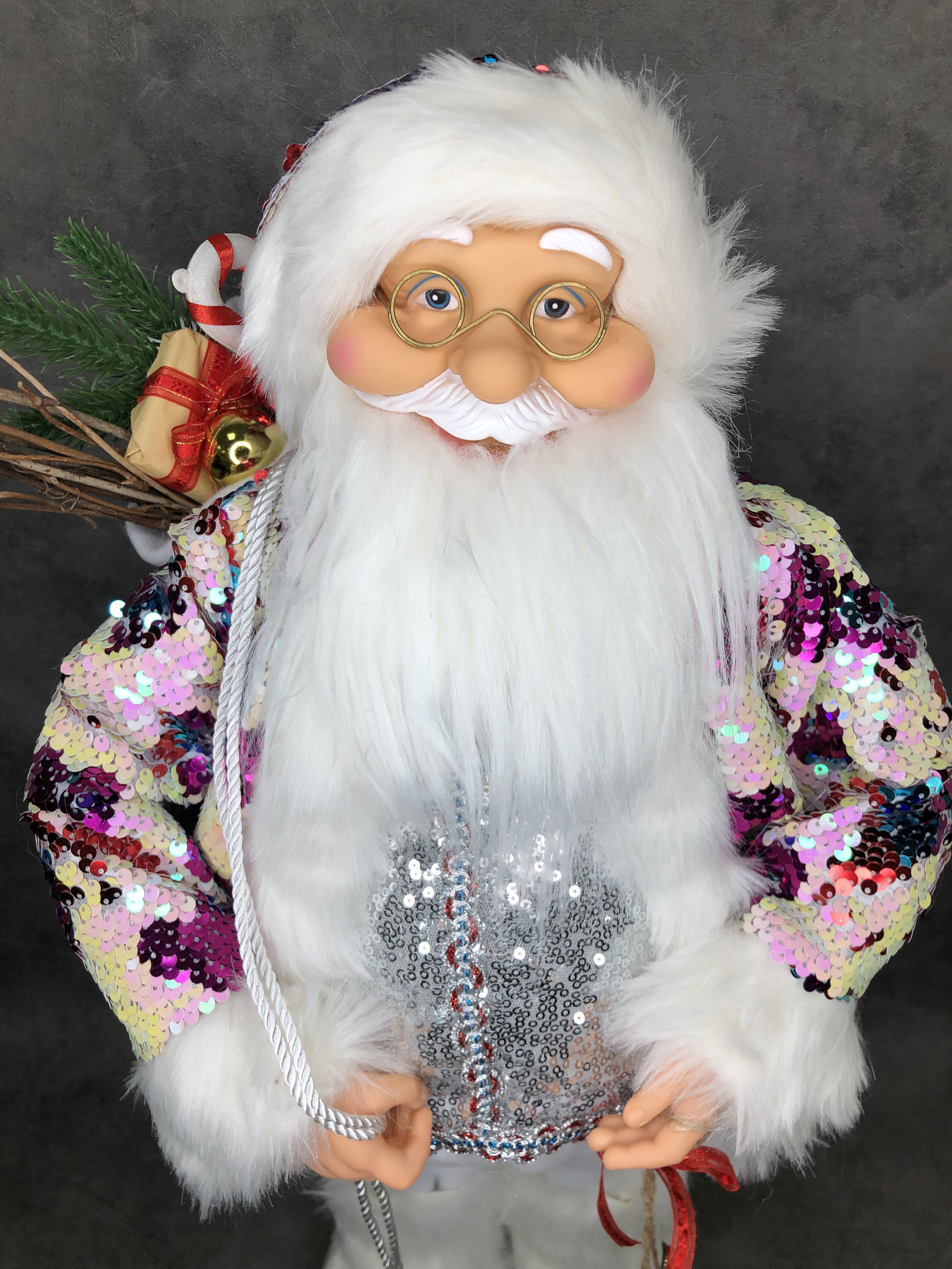 Фигура "Дед Мороз с колокольчиками"цветная шубка(сердечки/пайетки) 60см(12)